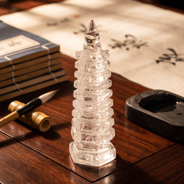 Clear Quartz Wenchang Pagoda – Study & Advancement | Hand-Carved in Donghai, China