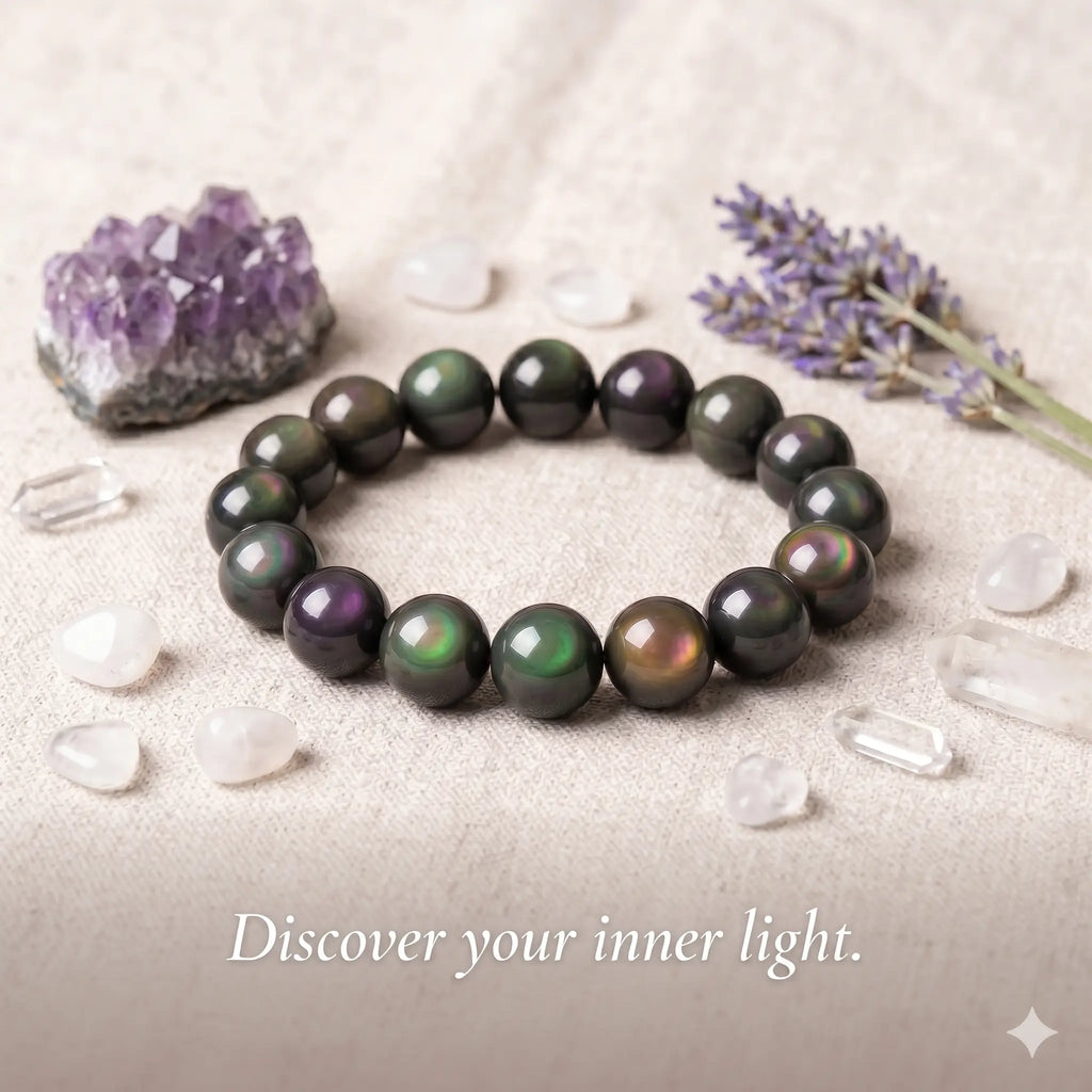 Rainbow Obsidian bracelet on wrist, showing bead size and fit — EneraField