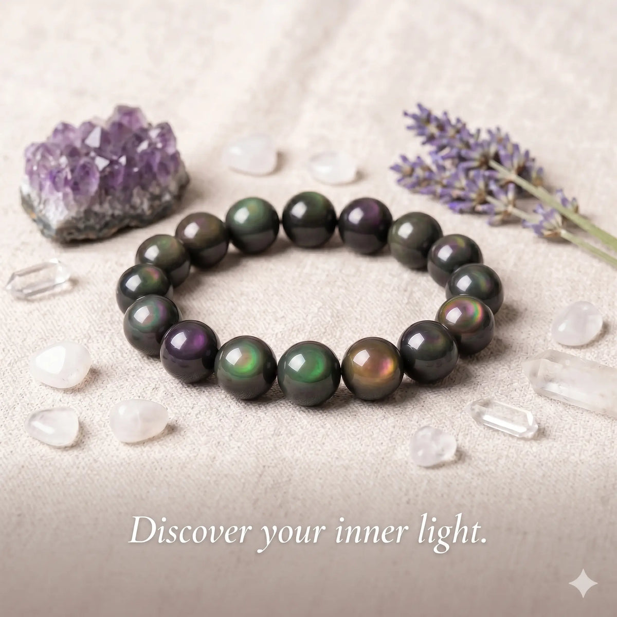 Rainbow Obsidian bracelet on wrist, showing bead size and fit — EneraField