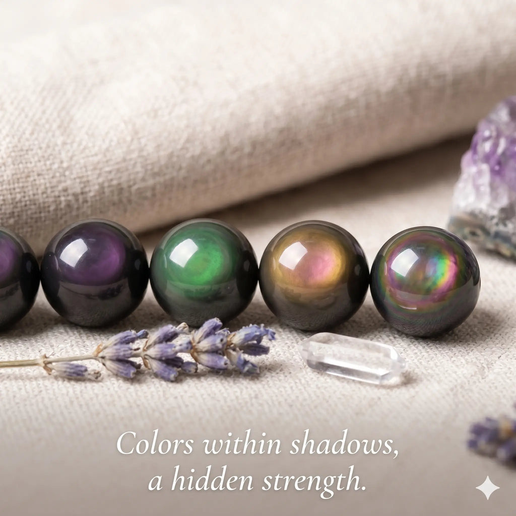 Rainbow Obsidian bracelet detail, natural stone texture and colour — EneraField
