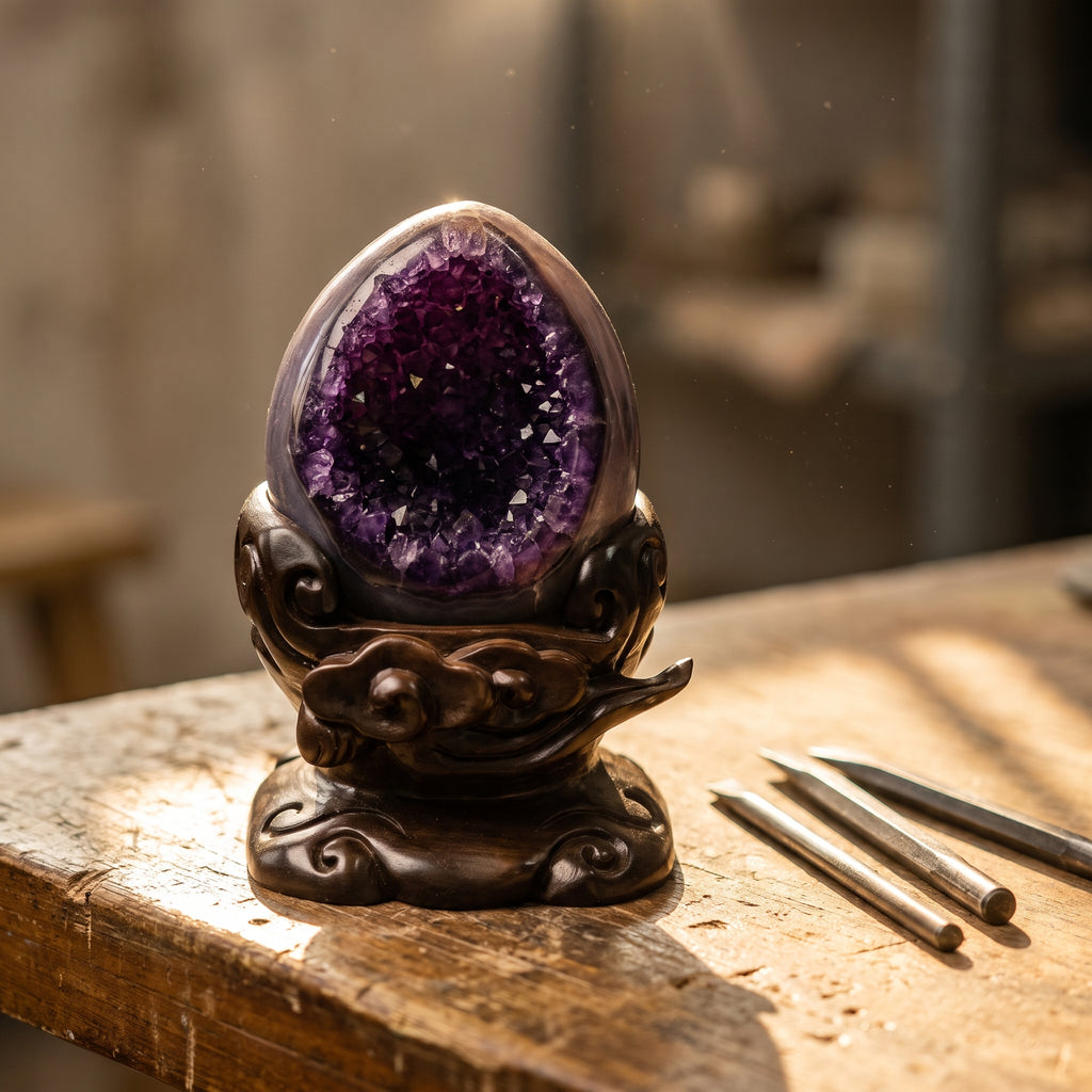 Amethyst Amethyst Geode — 恐龙蛋 – Holding a Room — hand-carving detail
