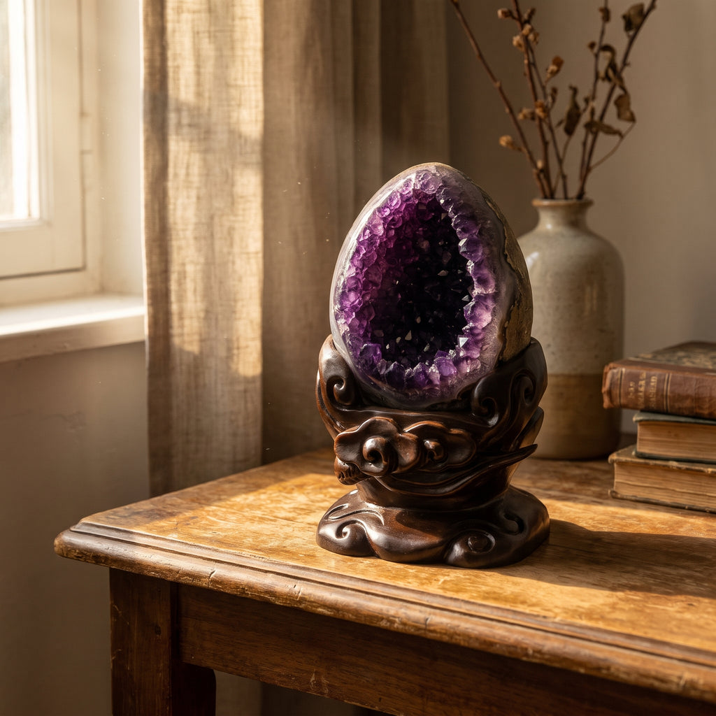 Amethyst Amethyst Geode — 恐龙蛋 – Holding a Room — in a real interior