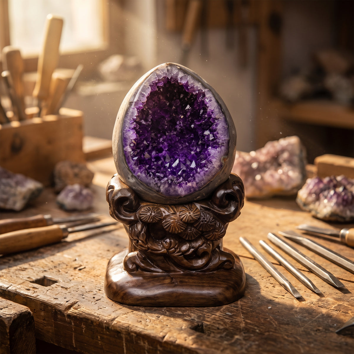 Amethyst Amethyst Geode – Holding a Room — hand-carving detail
