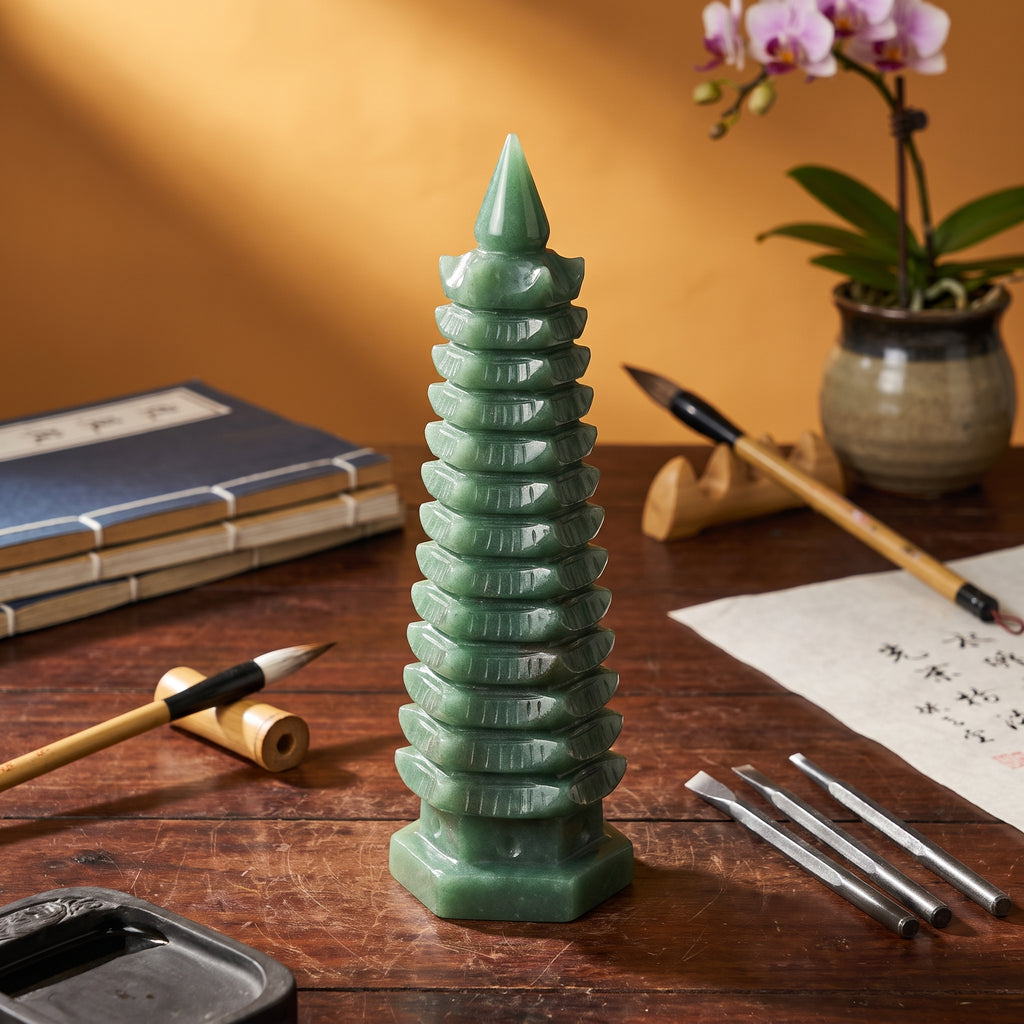 Green Aventurine Wenchang Pagoda – Study & Advancement — hand-carving detail