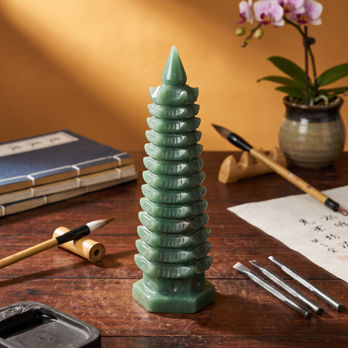 Green Aventurine Wenchang Pagoda – Study & Advancement — hand-carving detail