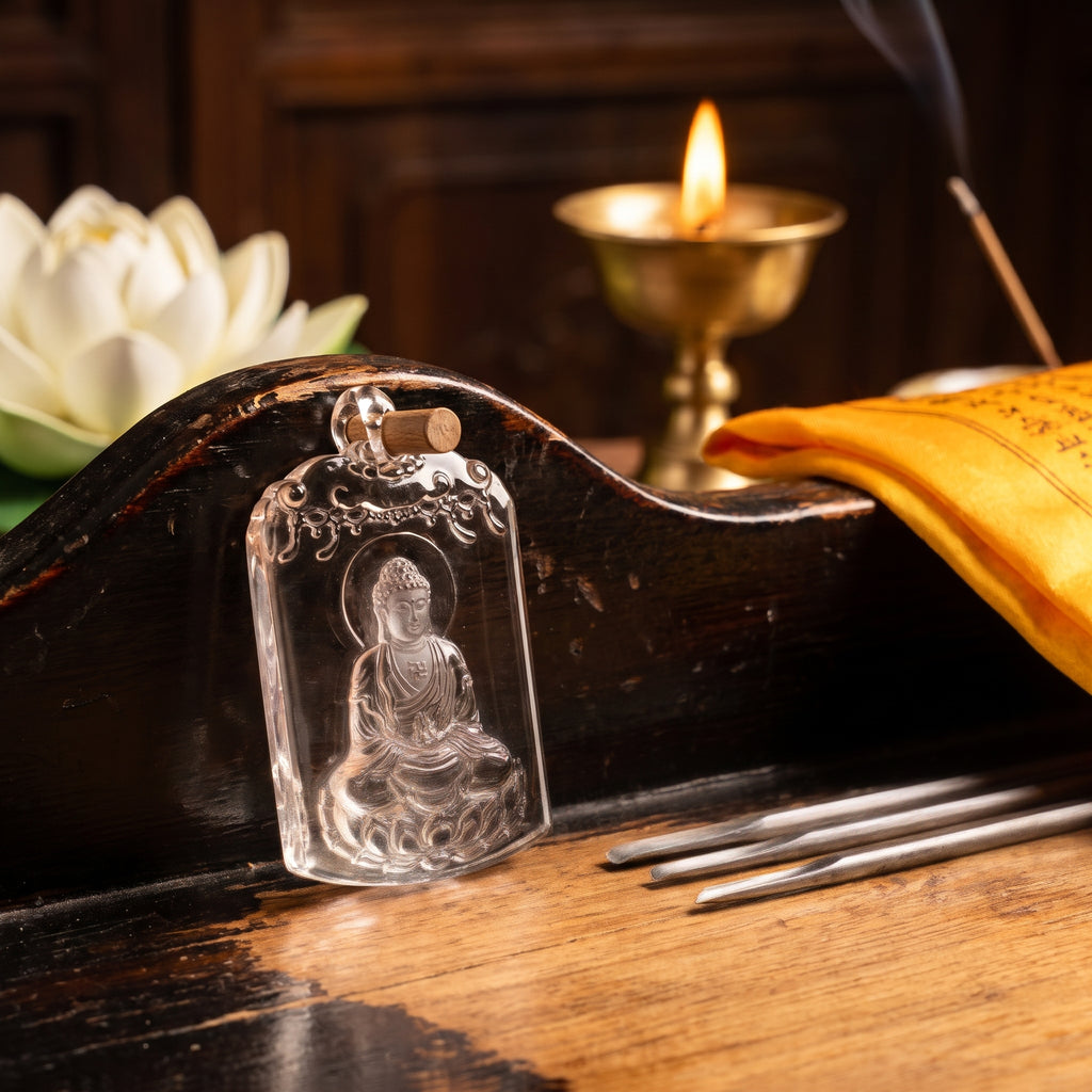Clear Quartz Buddha Pendant – Protection & Calm — hand-carving detail