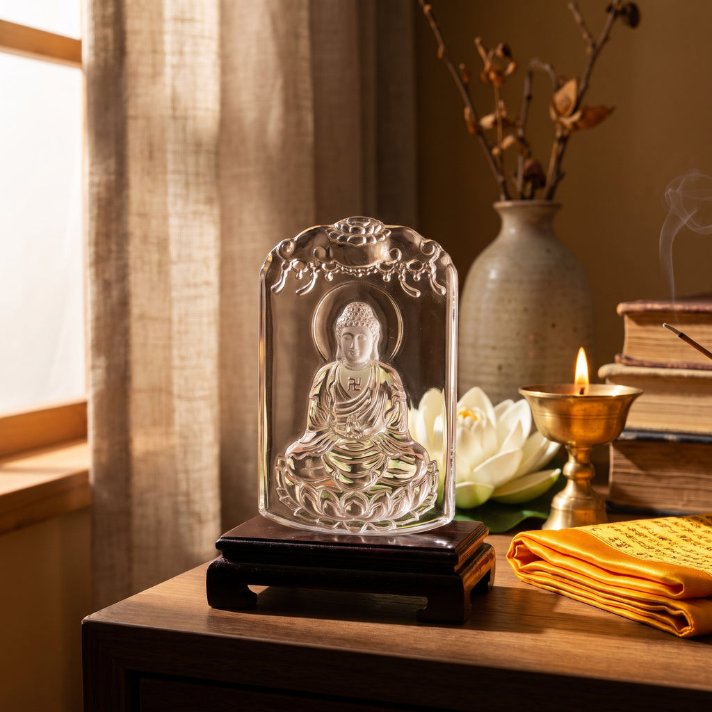 Clear Quartz Buddha Pendant – Protection & Calm — in a real interior