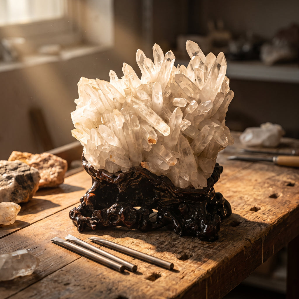 Clear Quartz Crystal Cluster — 原石白（12.05公斤） – Clearing & Amplifying — hand-carving detail