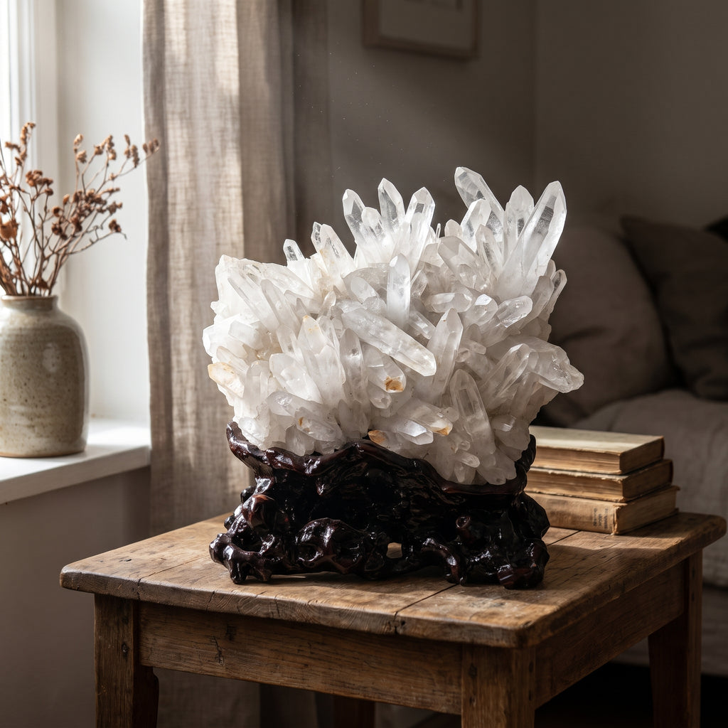 Clear Quartz Crystal Cluster — 原石白（12.05公斤） – Clearing & Amplifying — in a real interior