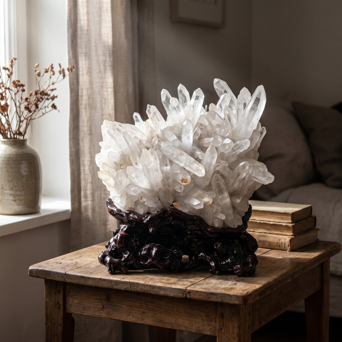 Clear Quartz Crystal Cluster — 原石白（12.05公斤） – Clearing & Amplifying — in a real interior