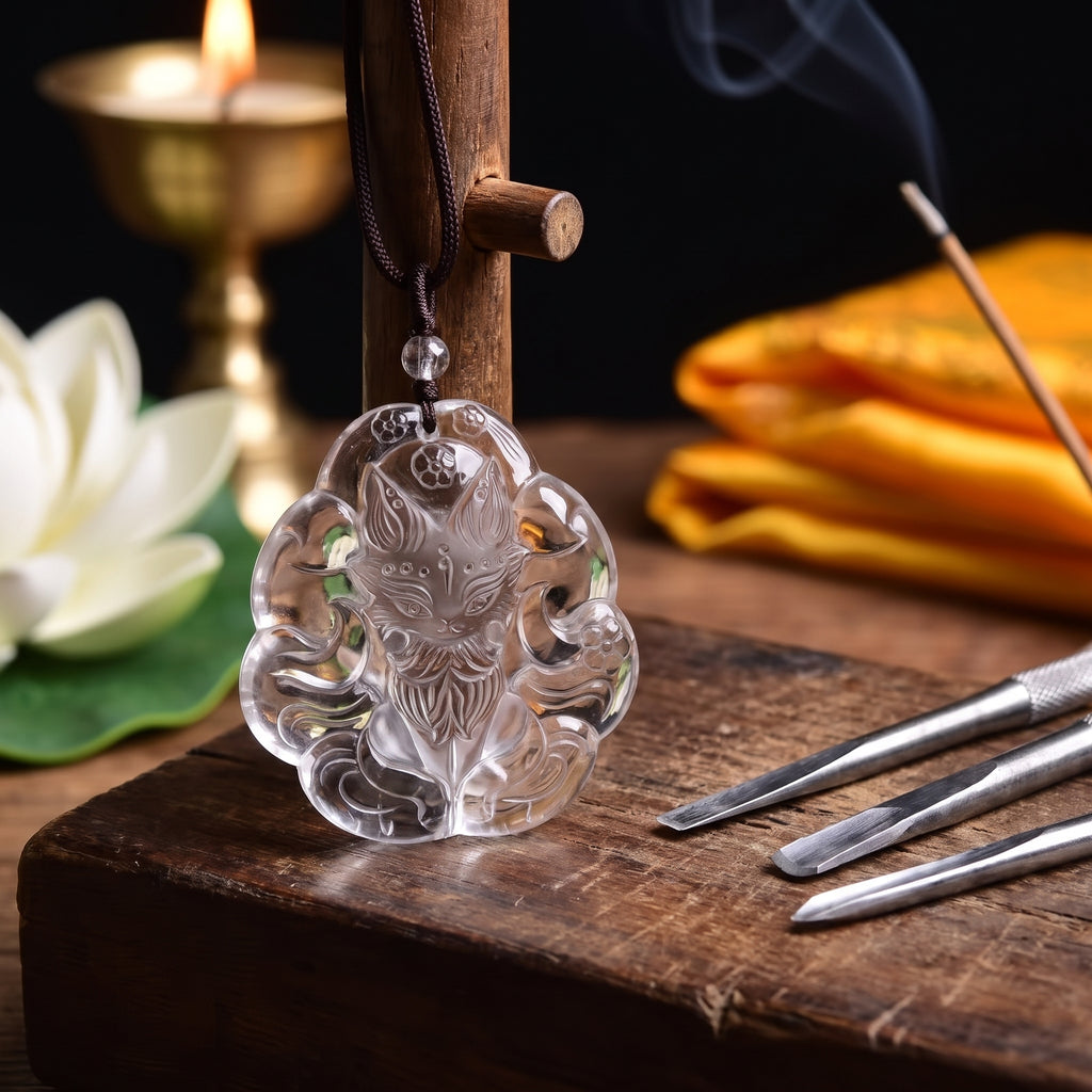 Clear Quartz Nine-Tailed Fox – Magnetism & Being Seen — hand-carving detail
