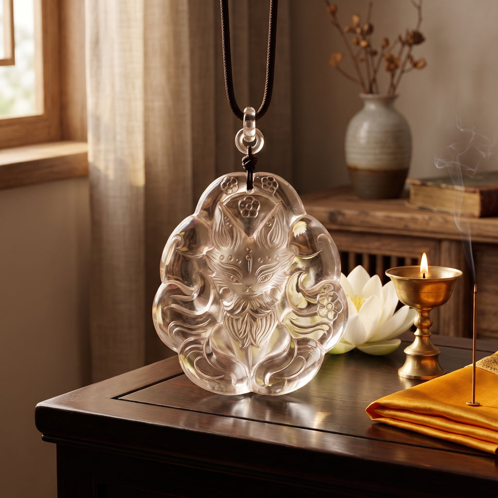 Clear Quartz Nine-Tailed Fox – Magnetism & Being Seen — in a real interior