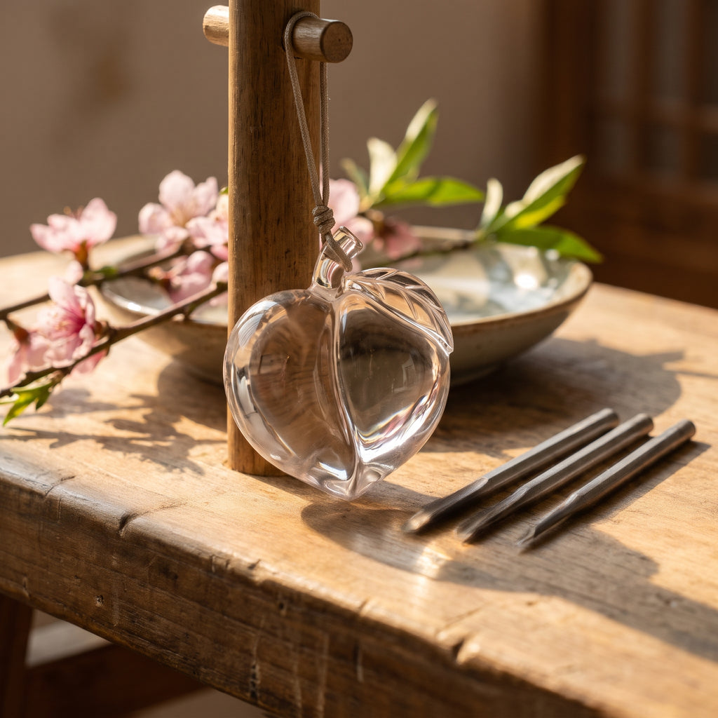 Clear Quartz Peach Charm – Long Life & Warding — hand-carving detail