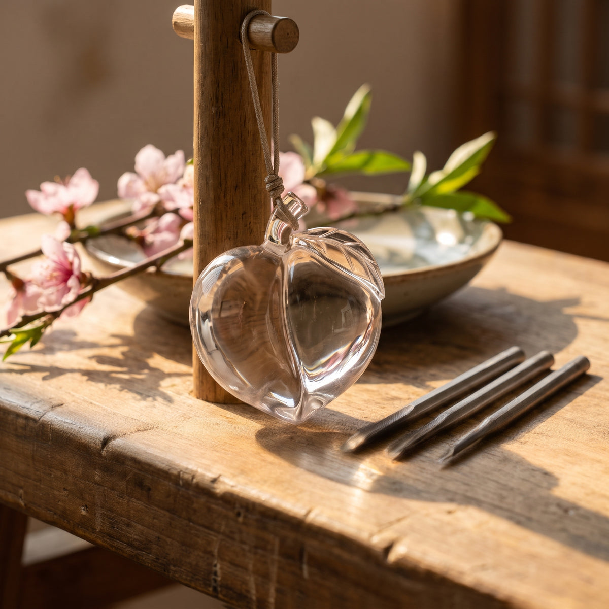 Clear Quartz Peach Charm – Long Life & Warding — hand-carving detail