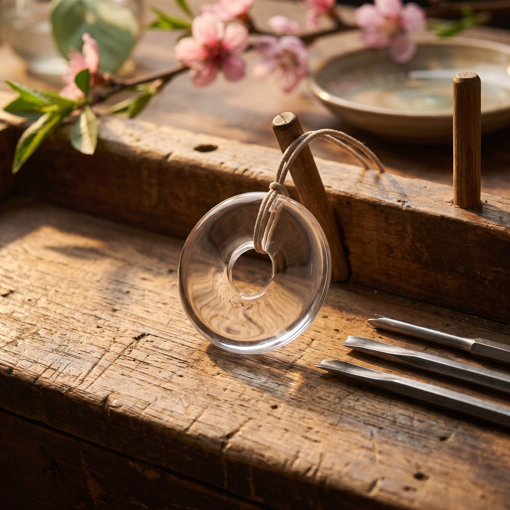 Clear Quartz Pi Disc – Peace & Wholeness — hand-carving detail