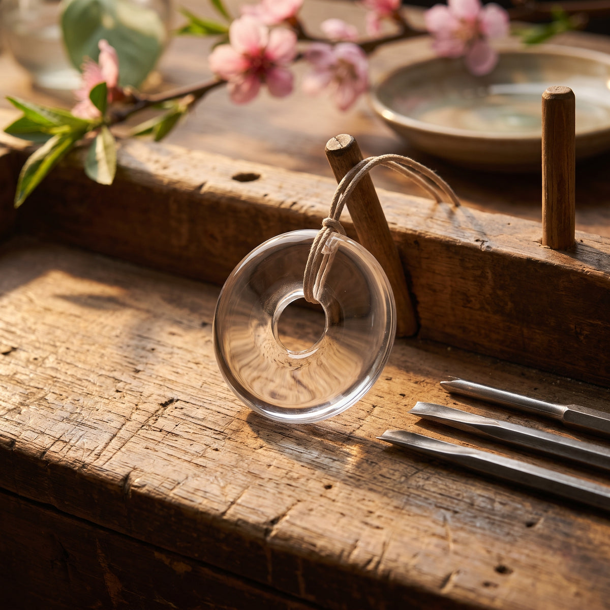 Clear Quartz Pi Disc – Peace & Wholeness — hand-carving detail