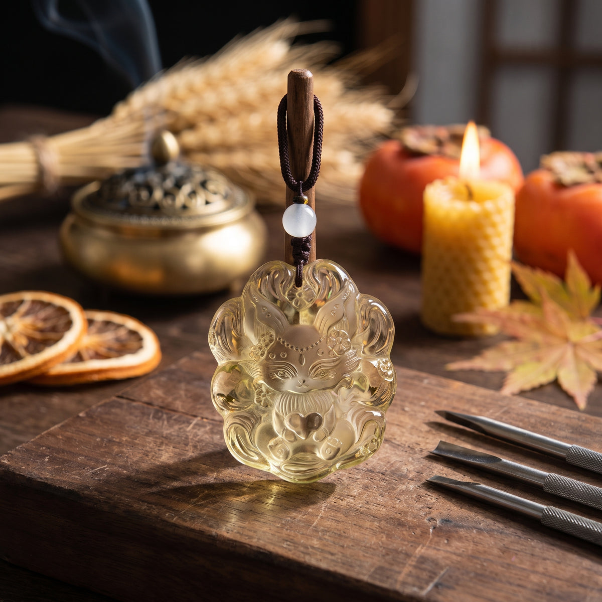 Citrine Nine-Tailed Fox – Magnetism & Being Seen — hand-carving detail