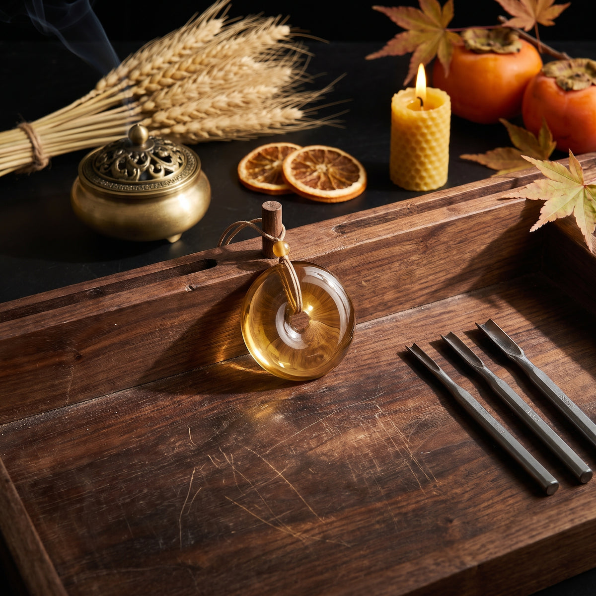 Citrine Pi Disc – Peace & Wholeness — hand-carving detail