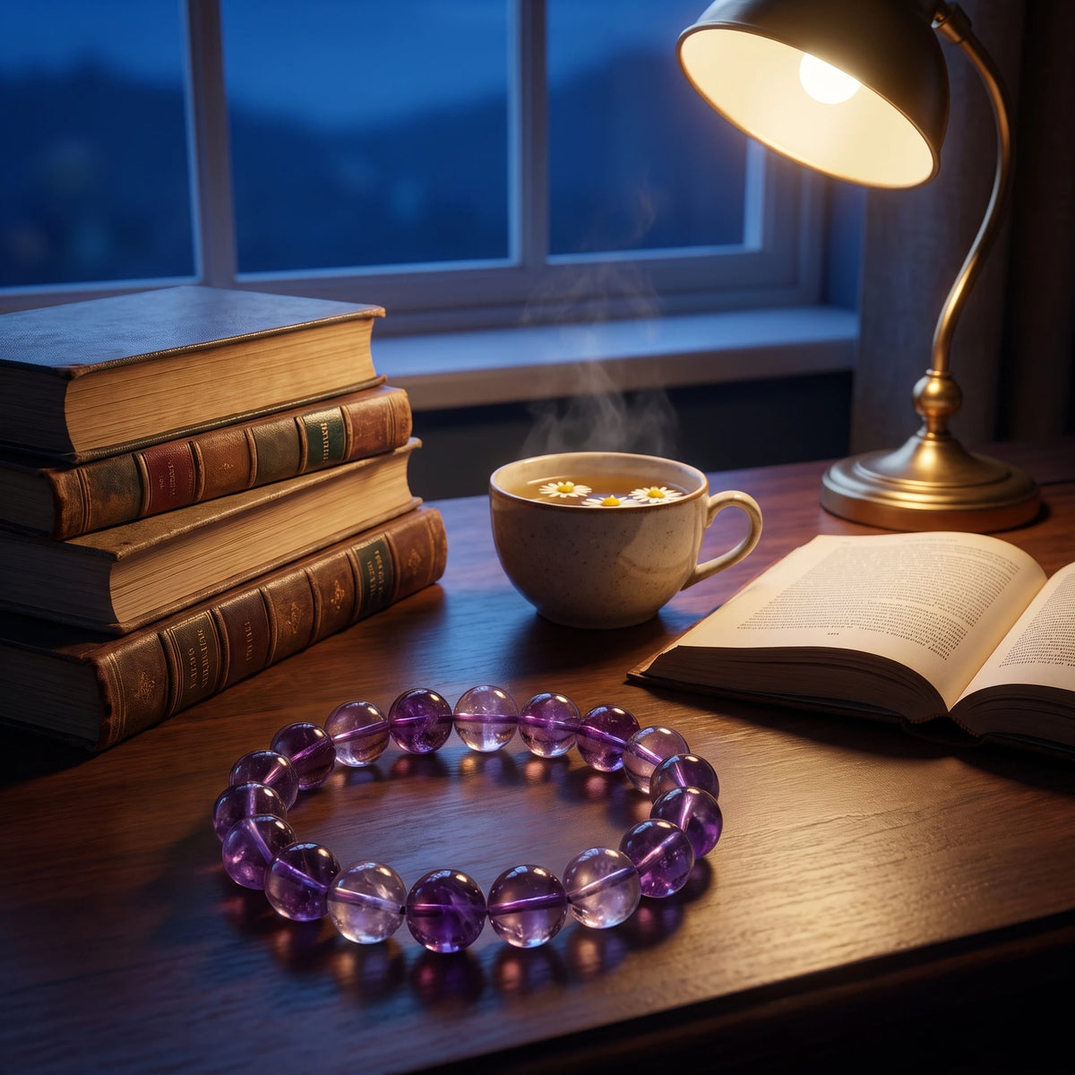 Amethyst bracelet on wrist, showing bead size and fit — EneraField