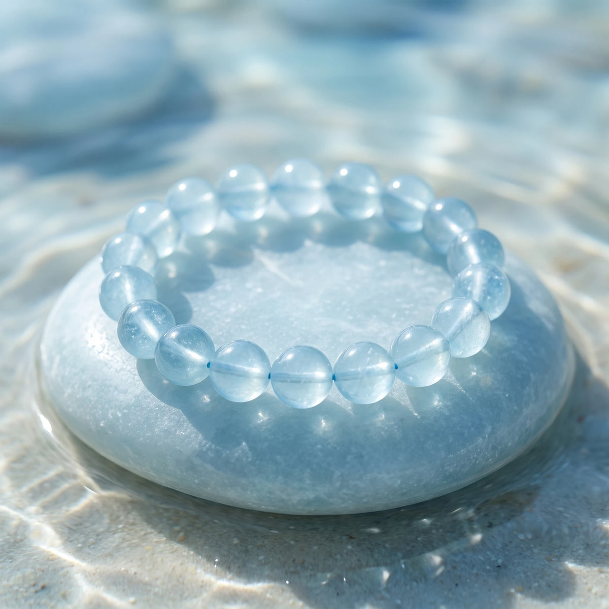 Aquamarine bracelet, 8mm 10mm 12mm round beads, calm communication, polished natural stone — EneraField