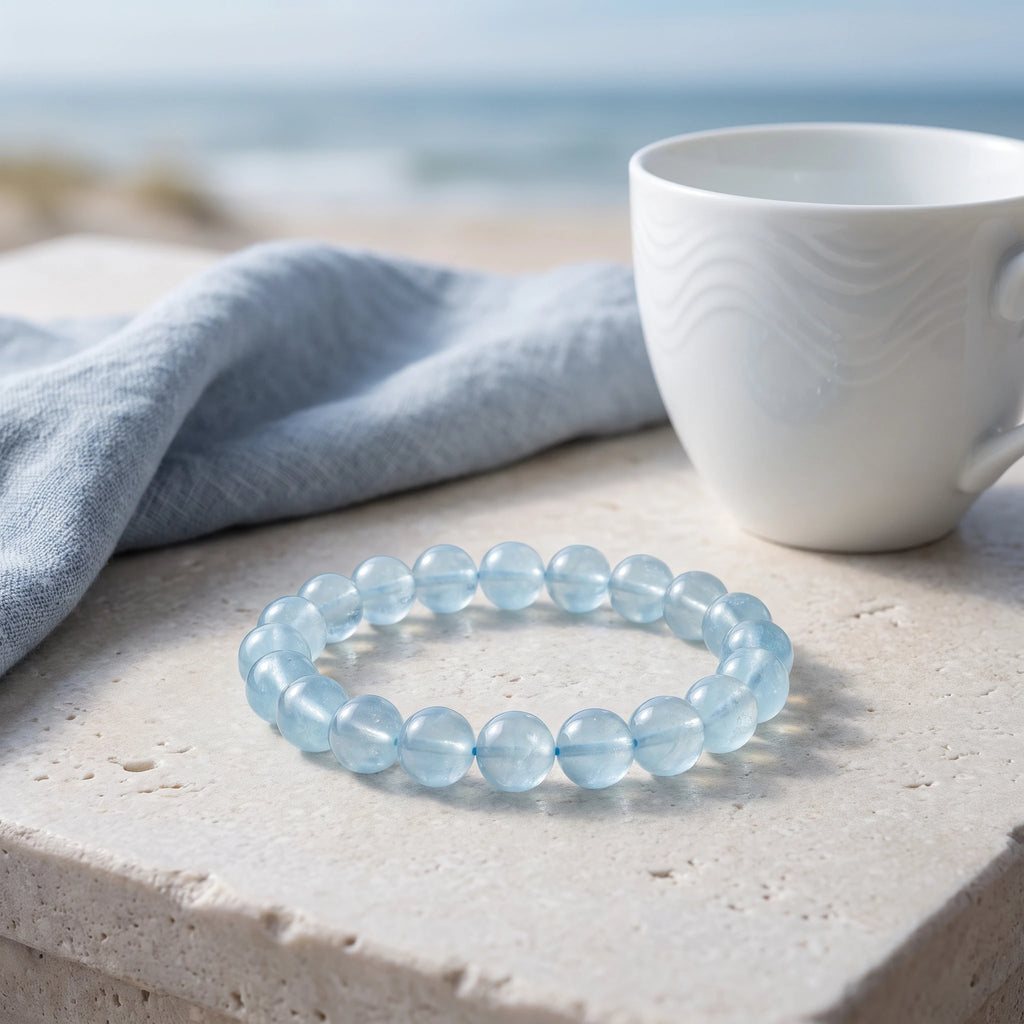 Aquamarine bracelet on wrist, showing bead size and fit — EneraField