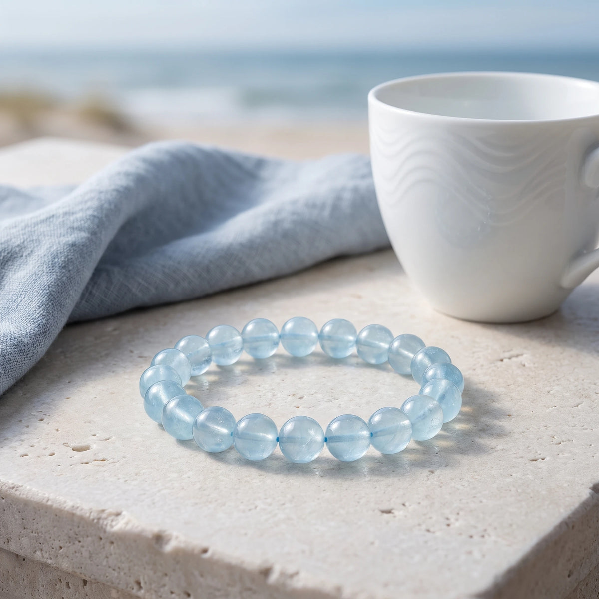 Aquamarine bracelet on wrist, showing bead size and fit — EneraField