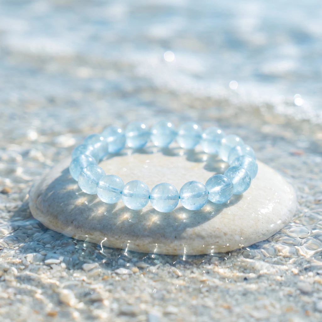 Aquamarine bracelet detail, natural stone texture and colour — EneraField