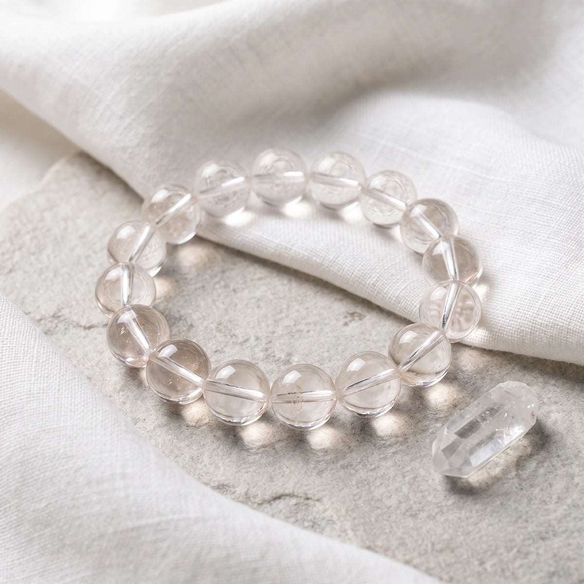 Clear Quartz bracelet, 8mm 10mm 12mm round beads, clarity & cleansing, polished natural stone — EneraField