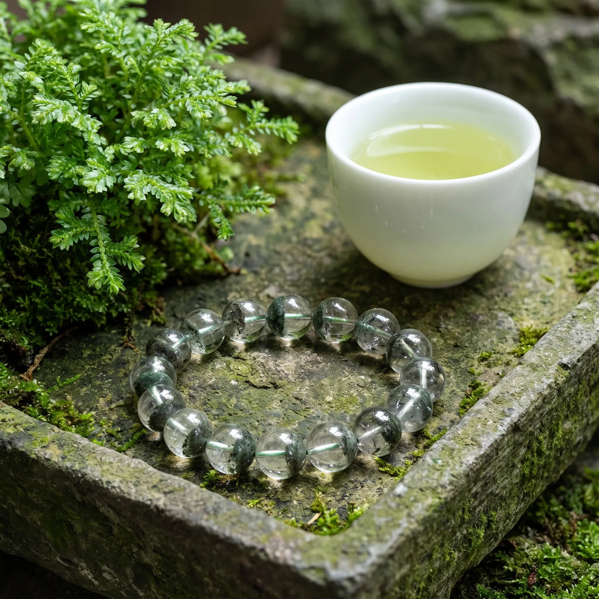 Green Phantom Quartz bracelet on wrist, showing bead size and fit — EneraField