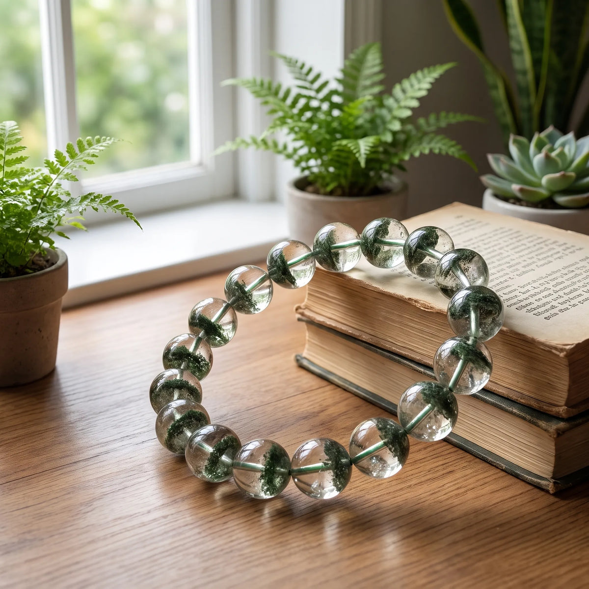 Green Phantom Quartz bracelet detail, natural stone texture and colour — EneraField