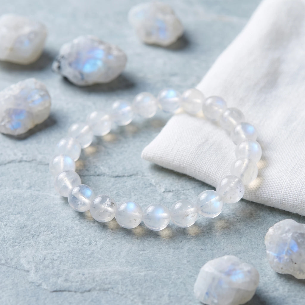Moonstone bracelet detail, natural stone texture and colour — EneraField