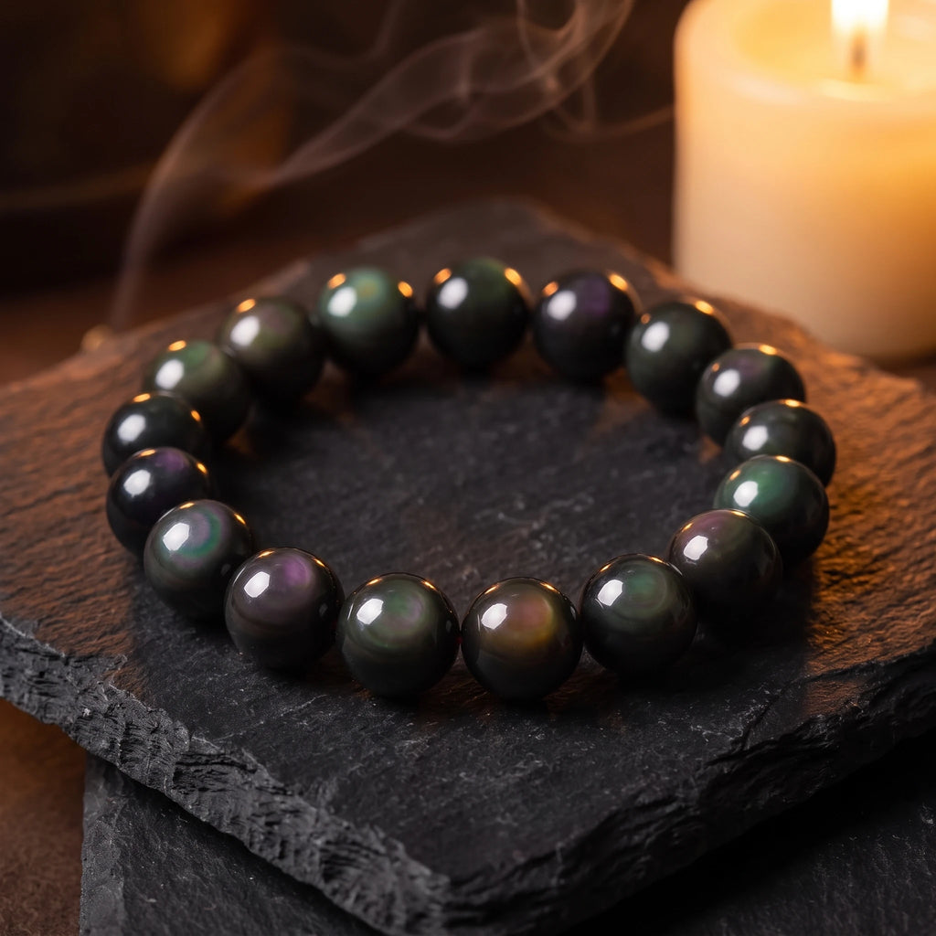 Obsidian bracelet, 8mm 10mm 12mm round beads, protection & grounding, polished natural stone — EneraField