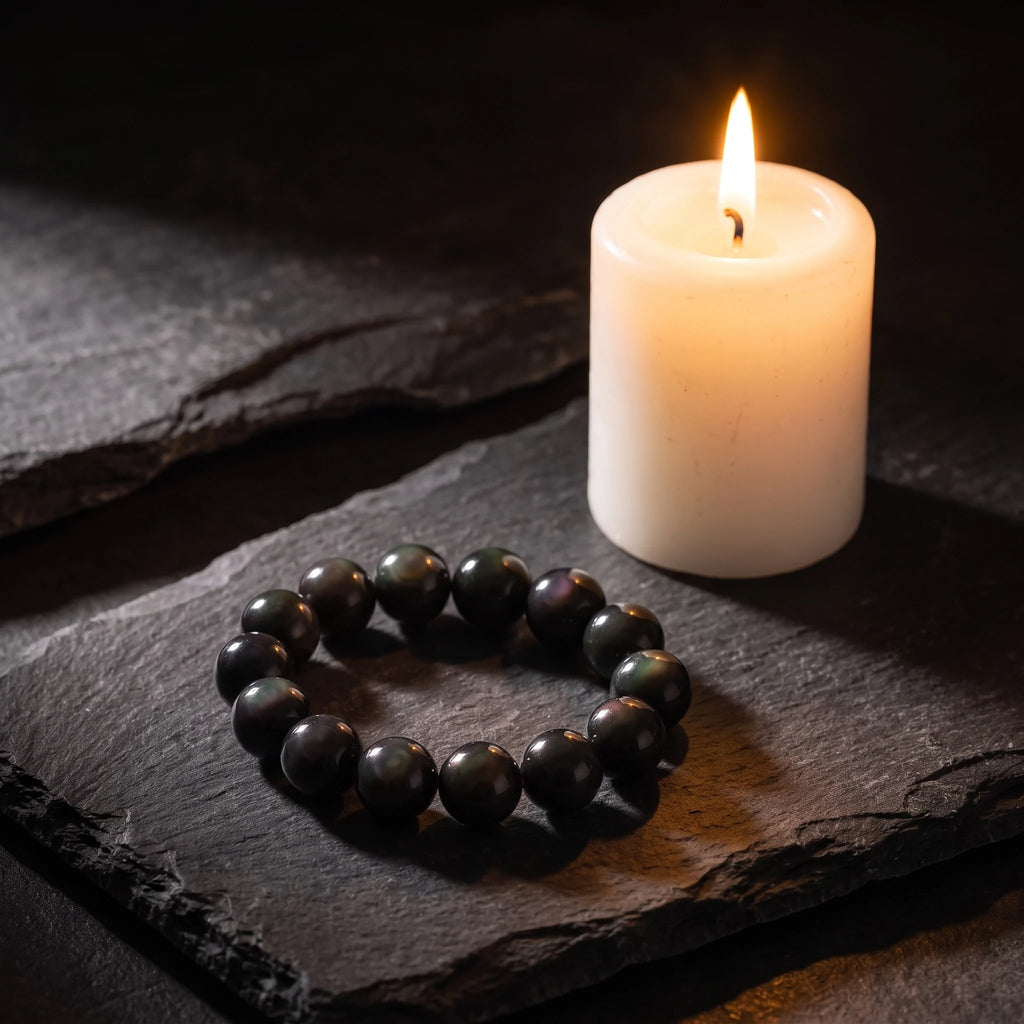 Obsidian bracelet on wrist, showing bead size and fit — EneraField