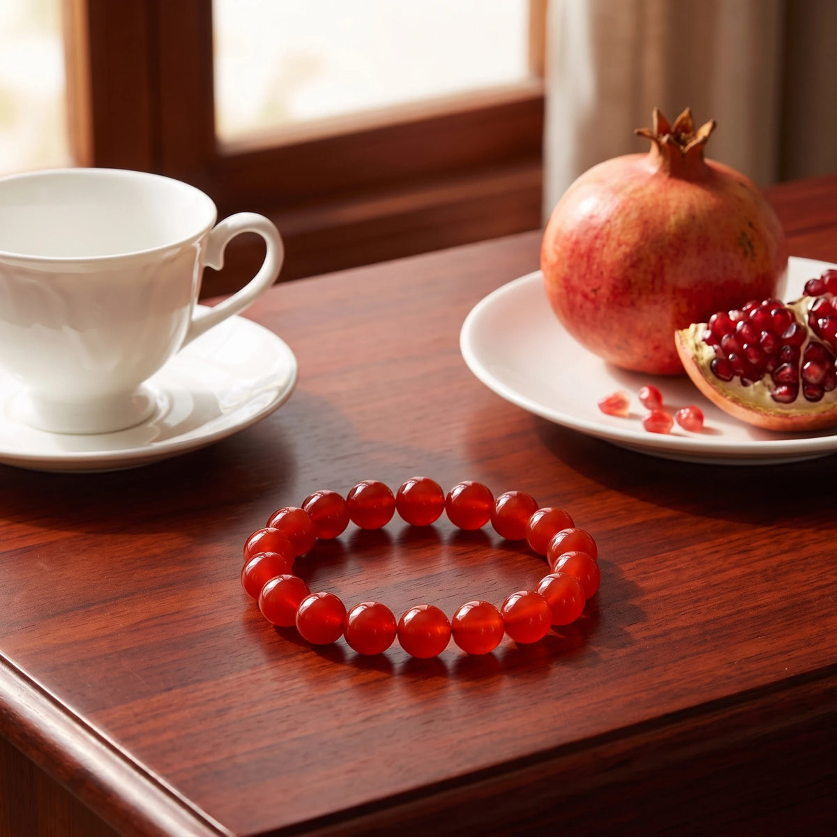 Red Agate bracelet on wrist, showing bead size and fit — EneraField (Fire element)