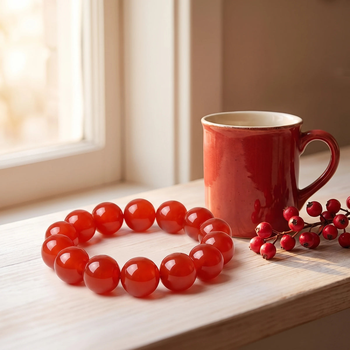 Red Agate bracelet detail, natural stone texture and colour — EneraField (Fire element)