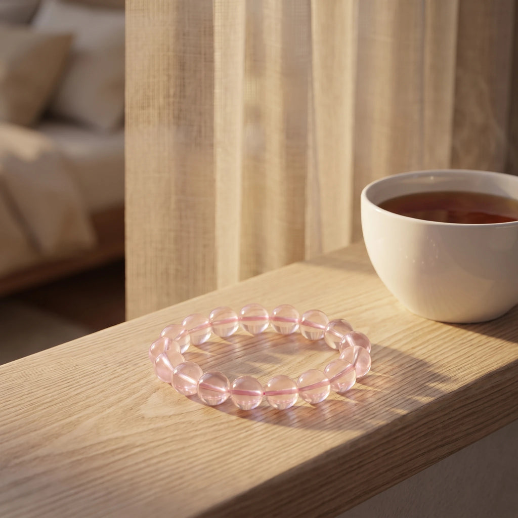 Rose Quartz bracelet detail, natural stone texture and colour — EneraField