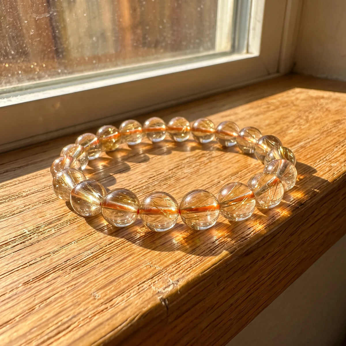 Rutilated Quartz bracelet detail, natural stone texture and colour — EneraField